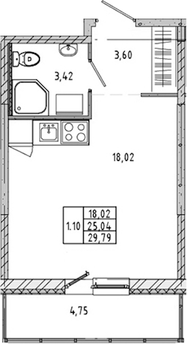 Квартира студия 24.87 м², 16/17 эт., ЖК «Новые горизонты 2»
